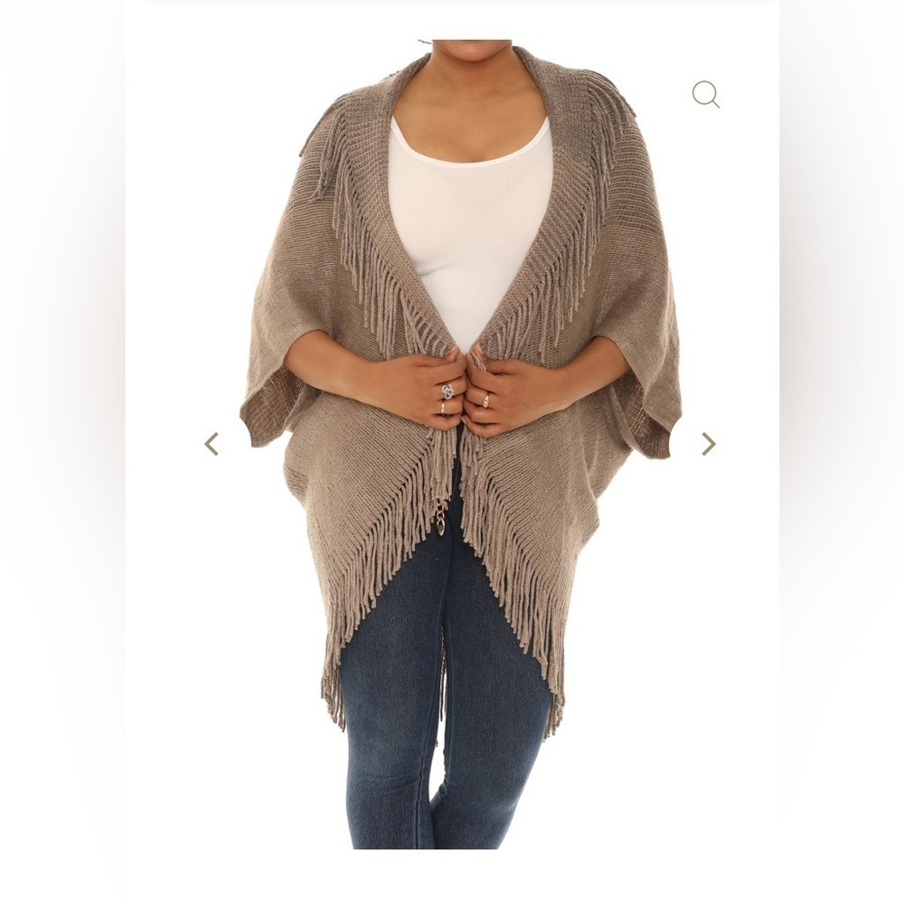 Ruggine Knit Fringe Poncho Shrug Wrap Taupe Brown Tan - Picture 2 of 12